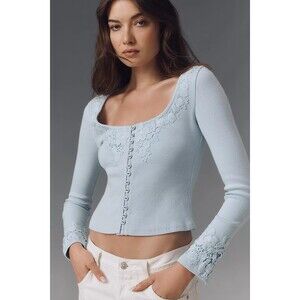 By Anthropologie Long-Sleeve Lace-Trim Blouse Top Embroidered Ribbed S 284127